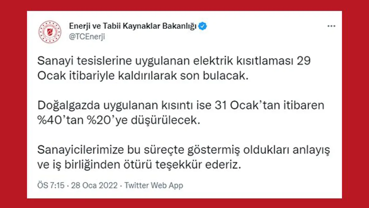 Elektrik Kısıtlaması Kaldırıldı