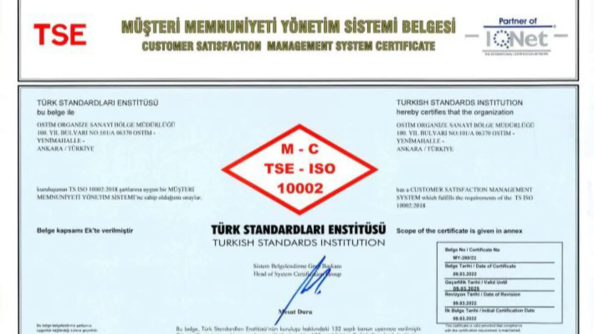 OSTİM Organized Industrial Zone's Quality Management Achievements Recognized