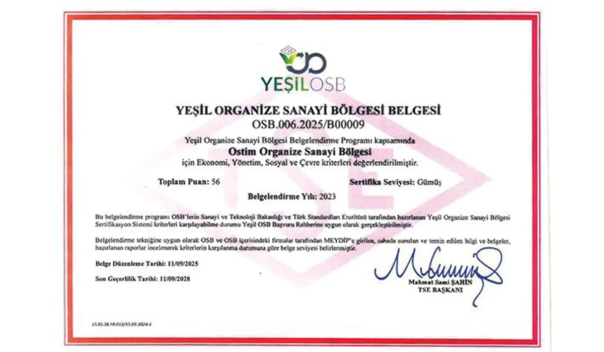OSTİM Organized Industrial Zone has been awarded the "Green Organized Industrial Zone" status at the Silver Level.